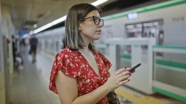 Εκπληκτική Ισπανίδα Γυναίκα Γυαλιά Στέκεται Στον Υπόγειο Σιδηροδρομικό Σταθμό Περιμένει — Αρχείο Βίντεο