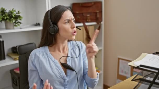 Clueless Workplace Young Beautiful Hispanic Woman Wearing Headset All Arms — Stock Video