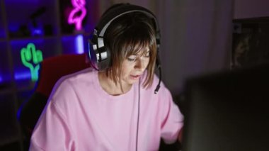 Kendine güvenen İspanyol bayan oyuncu, güzel bir saç stili ve kulaklıkla oyun gecesini izlerken kazanan bir gülümseme sergiliyor.