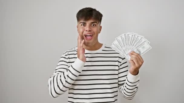Cheerful Young Hispanic Man Celebrates Triumphant Win Confidently Flaunting Dollar — Stock Video