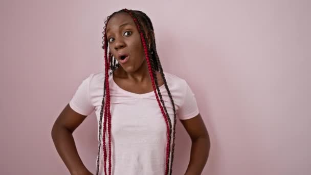 Wow African American Woman Beautiful Braids Expresses Amazing Surprise Standing — Stock Video