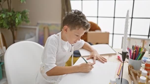 Adorable Little Blond Boy Artist Intently Drawing His Notebook Immersed — Stock Video