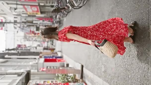 Beautiful Hispanic Woman Glasses Spreading Happiness Osaka Streets Spinning Dress — Stock Video