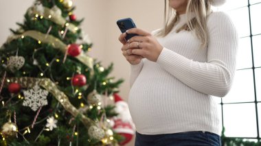 Genç hamile kadın akıllı telefon kullanarak Noel 'i evde kutluyor.