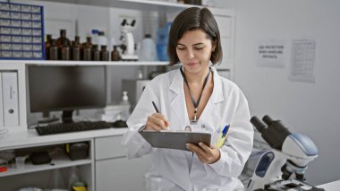 Odaklanmış, güzel İspanyol kadın bilim adamı. Telaşlı laboratuvar deneyleri sırasında titizlikle not alıyor.