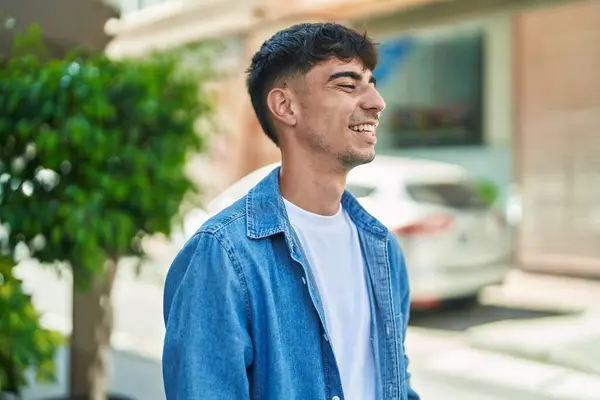 Young Hispanic Man Smiling Confident Looking Side Street —  Fotos de Stock