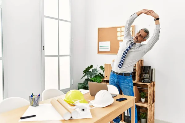 Middle Age Grey Haired Man Architect Stretching Office — Stockfoto