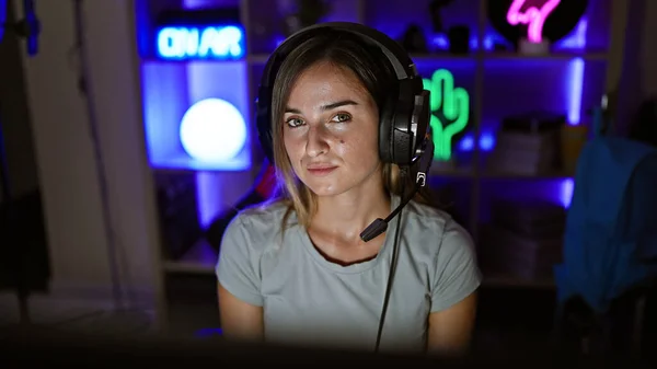 Attractive blonde streamer immerses in riveting game, streaming live from gaming room, lighting up the night with digital entertainment.