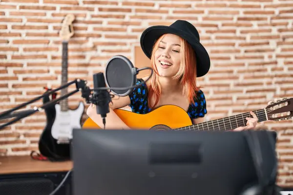 Young Caucasian Woman Musician Singing Song Playing Classical Guitar Music — Stockfoto