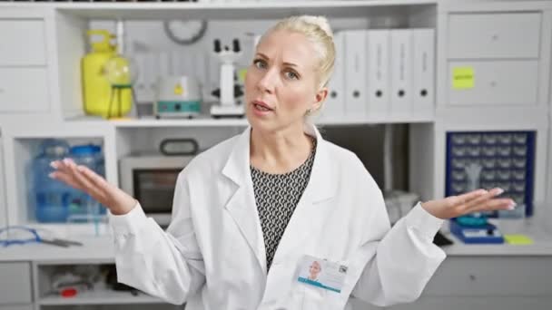 유니폼을 클루리스 금발의 과학자 실험실에서 여자의 스러운 — 비디오
