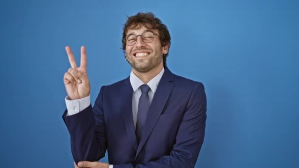 Winning Smile Young Man Business Suit Winks Flashing Friendly Peace — Stock Video
