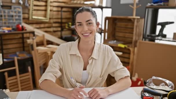 若い美しいヒスパニックの女性大工は カルペントリーでテーブルに座って自信を持って微笑みます — ストック動画