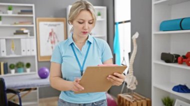 Kendine güvenen genç bir fizyoterapist. Düşünen bir kadın. Rehabilitasyon kliniğinde ayık davranışlar.