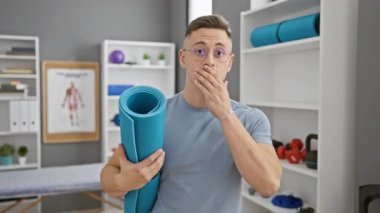 Şoka girmiş, eli ağzı kapalı, genç bir İspanyol. Rehabilitasyon kliniğinde elinde yoga minderiyle kendi hatasından korktu..