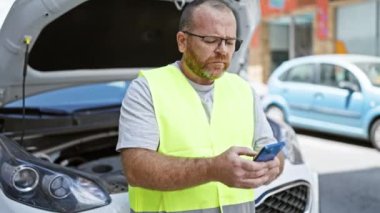 Yakışıklı, sakallı, beyaz adam şehir caddesindeki akıllı telefondan neşeli mesajlar yoldaki araba arızaları sırasında sigorta parasını kutluyor.