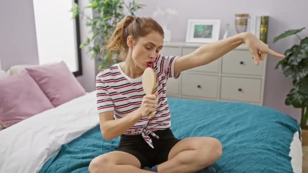 Genç Spanyol Kadın Yatak Odasında Fırçayla Şarkı Söylüyor Rahat Bir — Stok video