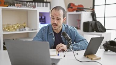 Kapalı mekan müzik stüdyosunda sakallı İspanyol bir adam mikrofona konuşuyor. Laptop ve tabletin yanındaki notaları inceliyor..