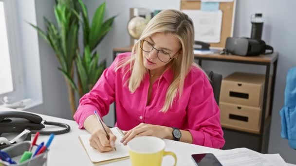 メガネに焦点を当てたブロンドの女性は 現代のオフィスで働き 黄色いマグカップの隣にノートを書いています — ストック動画