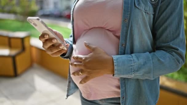 Νεαρή Έγκυος Γυναίκα Αγγίζει Την Κοιλιά Χρησιμοποιώντας Smartphone Στο Πάρκο — Αρχείο Βίντεο