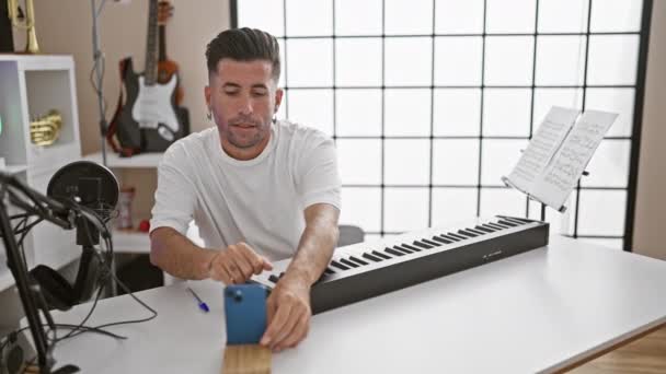 Jovem Hispânico Bonito Músico Apaixonado Tocando Piano Acústico Estúdio Música — Vídeo de Stock