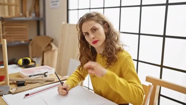 在一个木匠工作室里 年轻迷人的女人坚定地坐在一张桌子旁 上面画着一张纸 她的手掌在自信的防守下显示出严肃的 — 图库视频影像