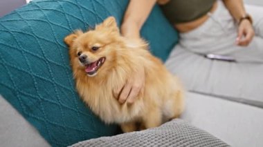 Güzel bir kadın, evdeki kanepede evcil köpeğiyle birlikte oturuyor. Kapalı alanda çekilmiş bir portre. Ellerinin dokunaklı anını yakalıyor..