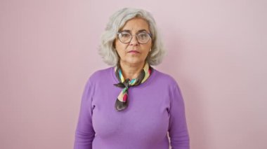 Gri saçlı, gözlük takan orta yaşlı bir kadın üzgün bir yalnızlık içinde, pembe arka planı olan, koruyucu gözlerle bakıyor. Sessizce reddedilmenin ve kör kederin portresi..