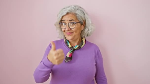 Жінка Середнього Віку Сірим Волоссям Одягнена Окуляри Стоїть Над Рожевим — стокове відео