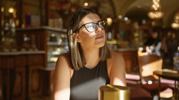 眼鏡をかけた熟考の若い女性がカフェテーブルの屋内に座り 暖かい光で浴びる — ストック動画