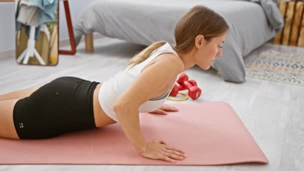 Junge Frau Yoga Kobra Pose Einem Hellen Schlafzimmer Mit Fitnessgeräten — Stockvideo