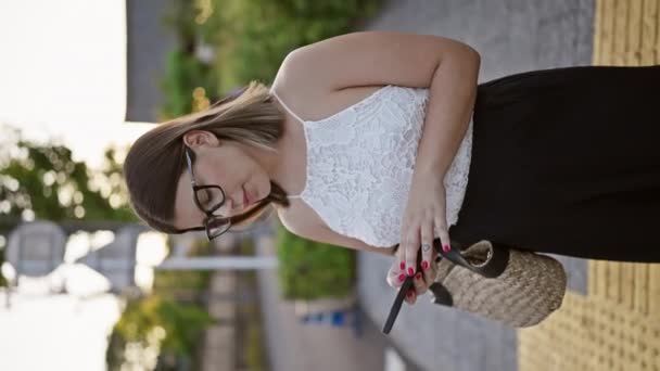 Mooie Spaanse Vrouw Met Behulp Van Mobiele Telefoon Vrolijk Glimlachen — Stockvideo