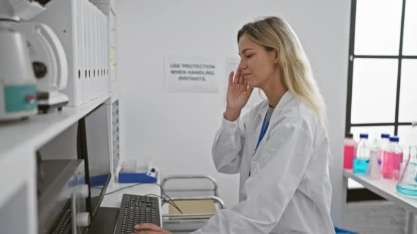Ung Blond Kvinna Forskare Upplever Huvudvärk När Arbetar Ett Laboratorium — Stockvideo