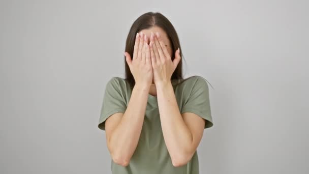 Shocked Young Hispanic Woman Casual Wear Timidly Peeking Fingers Wearing — Stock Video