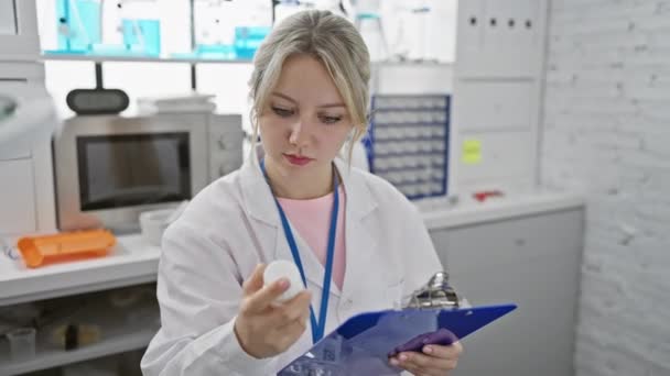 Mulher Farmacêutica Focada Analisa Medicação Ambiente Laboratorial — Vídeo de Stock