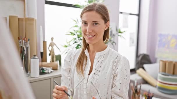 Smiling Caucasian Woman Artist Painting Bright Studio Interior Portraying Creativity — Stock Video