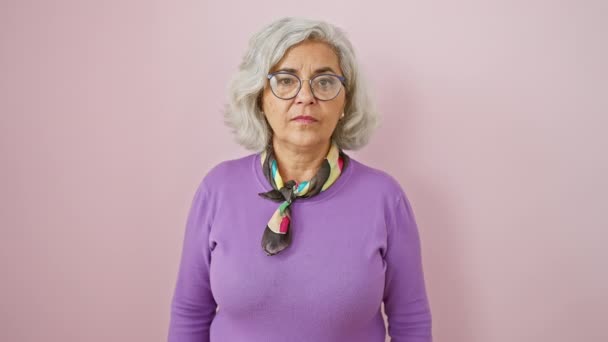 Verdeckt Steht Eine Grauhaarige Frau Mittleren Alters Mit Brille Trauriger — Stockvideo