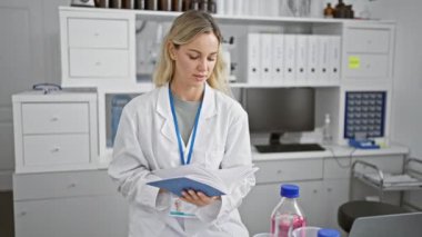 Laboratuvar önlüklü, odaklanmış, beyaz bir kadın iyi donanımlı bir laboratuarın içinde bir kılavuz okuyor..