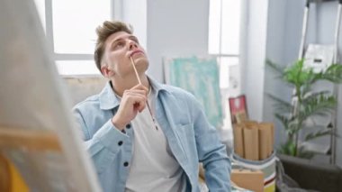 Yakışıklı beyaz bir adam, şüpheli bir sanatçı, sandalyede oturuyor, çok düşünüyor, elinde fırçayla stüdyoda boş bir tuvalle karşı karşıya.