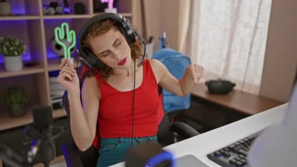 Charmante Jonge Vrouwelijke Streamer Geabsorbeerd Een Nachtelijke Virtuele Gaming Stream — Stockvideo
