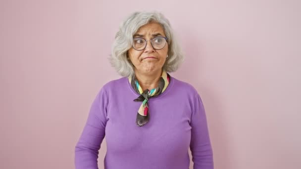 Mulher Meia Idade Pensativa Óculos Cabelos Grisalhos Apanhada Numa Teia — Vídeo de Stock
