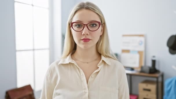 現代のオフィスで自信を持って立っているメガネを持つ若い金髪の女性 プロフェッショナリズムとフォーカスを象徴する — ストック動画