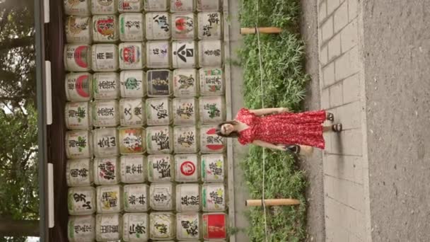 Красива Іспаномовна Жінка Посміхається Стоїть Струшуючи Бочки Храмі Мейдзі Приймаючи — стокове відео