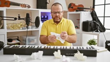 Öfkeli beyaz müzisyen, müzik stüdyosunda beste yaparken kâğıt kırıyor.