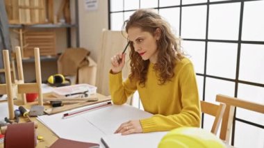 Marangozluk atölyesindeki genç kadın şaşırdı! Zeki bir fikir otururken, kağıda çizerken, mutlu bir yüzle parmağını işaret ediyor.