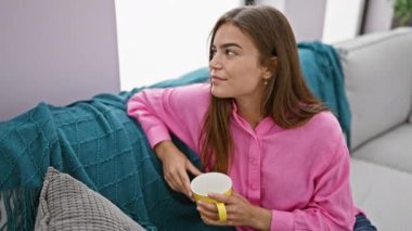 Genç ve güzel İspanyol kadın evdeki kanepede oturup kahve içiyor.