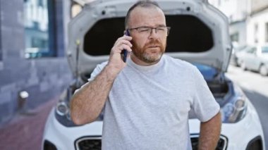 Endişeli, orta yaşlı, sakallı, gözlüklü beyaz adam şehir merkezindeki araba arızasından sonra akıllı telefondan araba sigortası hakkında ciddi bir konuşma yapıyor.