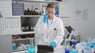 Akıllı telefonuyla önemli bir bilimsel sohbete dalmış genç, gelecek vaat eden sarışın bilim adamımız dokunmatik bilgisayarını hareketli bir laboratuvarın ortasında ayarlıyor..