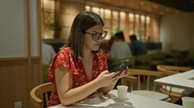 Kafe masasında akıllı telefon kullanan güzel İspanyol kadın, gözlüklü kendinden emin bir kadının portresi, içeride oturuyor, rahat ama odaklanmış.