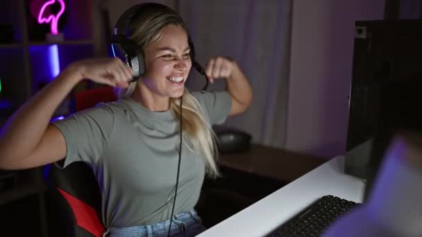 一个快乐的女人带着耳机 晚上在霓虹灯点亮的游戏室里庆祝她在电脑上的胜利 — 图库视频影像