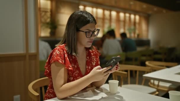 Mulher Hispânica Bonita Usando Smartphone Mesa Café Retrato Mulher Confiante — Vídeo de Stock